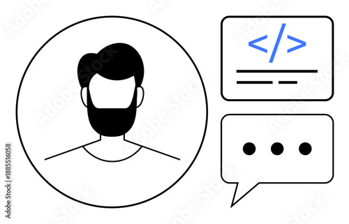 Web development, software design, coding, technology communication, programming, user interface. Profile of a person, code symbol and text bubble. Web development and communication concepts
