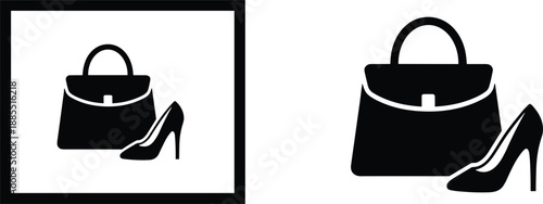 Women fashion accessories icons with handbag and high heel shoe silhouettes isolated black vector illustration design symbols