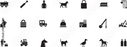 Silhouette industrial and animal icon set. Factory, worker, lock, dog, truck, animal, and more. Vector illustration