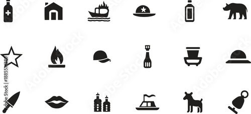 Silhouette miscellaneous icons. Ship, star, fire, helmet, tools, animal, and more. Vector illustration isolated on white background