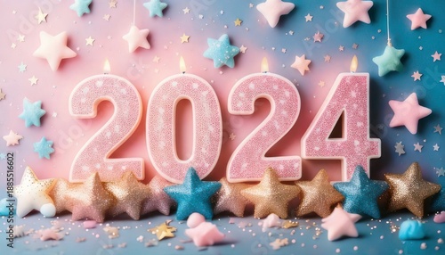 Festive 2024 New Year Celebration with Starry Decorations.