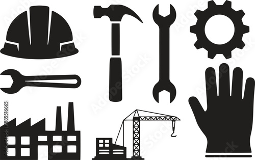 Silhouette construction tools and worker icon set. Builder, labor, factory, work equipment. Vector illustration isolated on white background