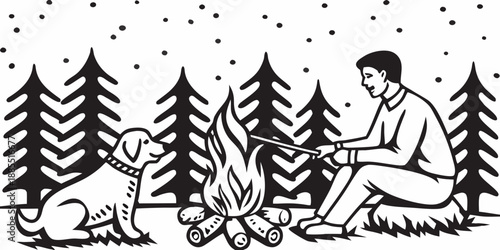 A man and his dog enjoying a campfire amidst a scenic forest backdrop