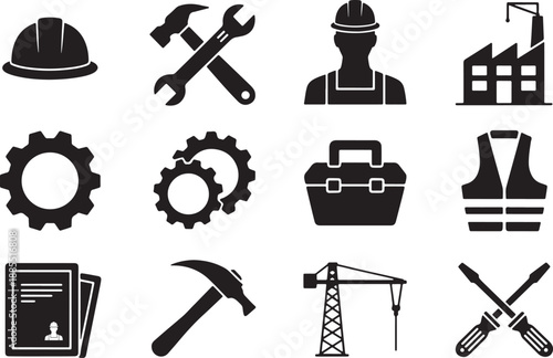 Silhouette construction and industrial tools icon set. Builder, labor, factory, work equipment. Vector illustration isolated on white background