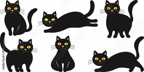 A collection of stylized black cats with glowing yellow eyes depicted in various poses