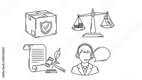 Law and Justice Symbols Illustration Set.
