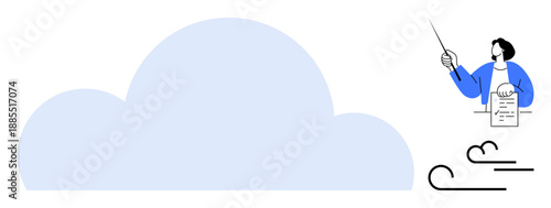 Large blue cloud with professional speaker holding a document and pointer. Ideal for cloud storage, digital strategy, presentations, data sharing, online security, server communication, innovation