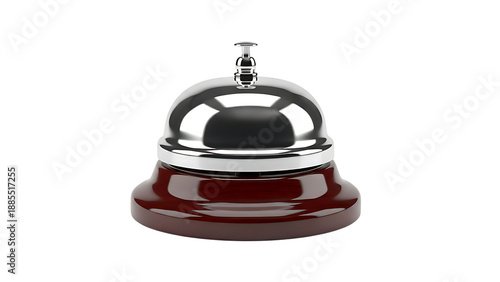 Polished chrome hotel reception bell on a dark wood base, isolated on a white background.