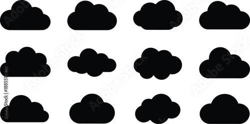 A collection of black cloud silhouette icons arranged neatly on a clear white background