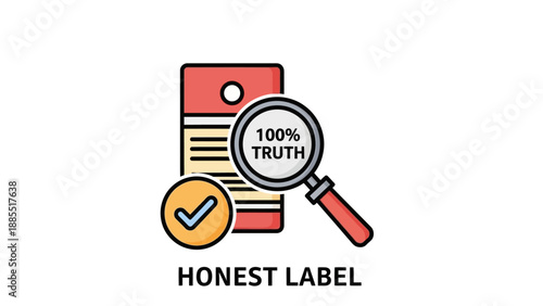 Honest Label with Magnifying Glass and Checkmark.
