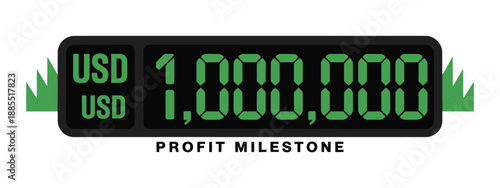 A digital display showing a profit milestone of one million USD on a white background