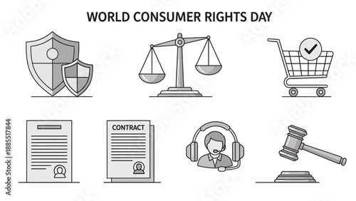 Consumer Rights Day Icons Protection Law Justice.