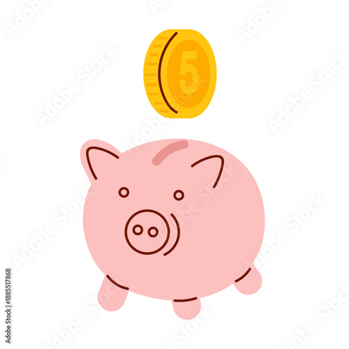 Pink piggy bank with gold coin on top. Coin falling into piggy bank. Concept of saving, economy money, money management. Color vector doodle illustrations isolated on white background
