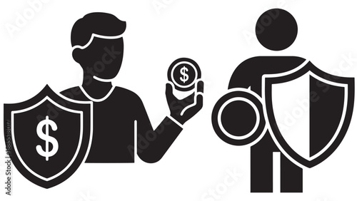 Solid Silhouette Illustration Of An Insured Client Holding A Shield With A Coin To Represent Personal Insurance Coverage, Policy Protection And Financial Security