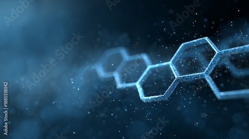 Hexagonal molecular structure forming a network pathway, representing concepts of science, technology, chemistry, data transfer, and futuristic research on a dark blue background with bokeh