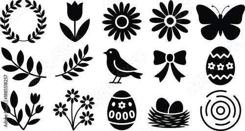 A collection of black silhouette icons representing spring and Easter elements on a white background