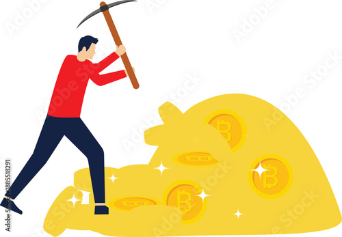 Cryptocurrency concept. Businessman mining bitcoins. Vector illustration

