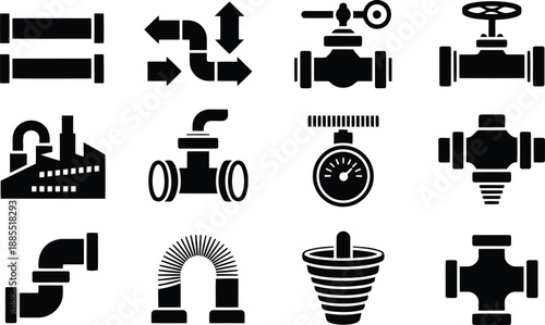 A collection of black silhouette icons illustrating various industrial pipes, valves, and fluid control components