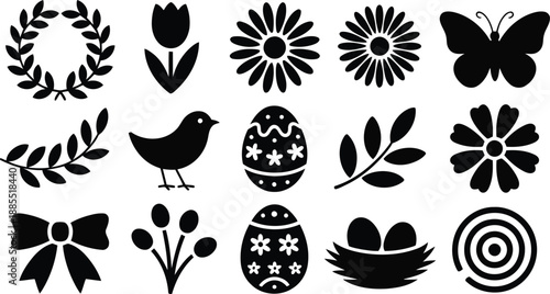 A collection of black silhouette icons representing spring elements like flowers, a bird, butterfly, leaves, and Easter eggs