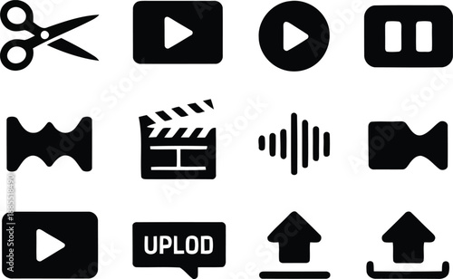 A collection of black silhouette icons representing various video and media editing and playback functions