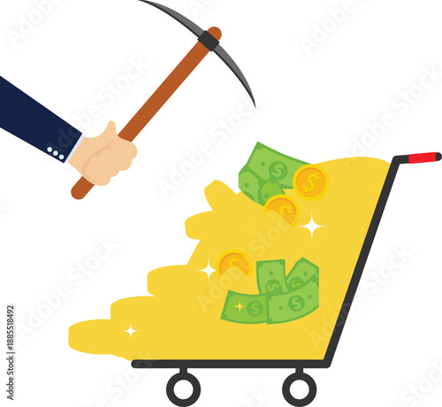 Cartoon vector flat style illustration. Wheelbarrow full of coins and soil.

