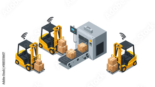 Illustration of forklifts loading and unloading packages from a conveyor belt in a warehouse setting with a modern and industrial mood.