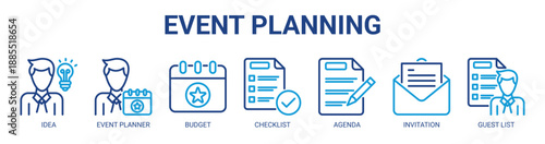 Event Planning web banner icon vector illustration concept with icon of idea, event planner, budget, checklist, agenda, invitation, and guest list.