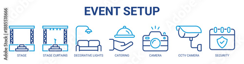 Event Setup web banner icon vector illustration concept with icon of stage, stage curtains, decorative lights, catering, camera, cctv camera, and security.