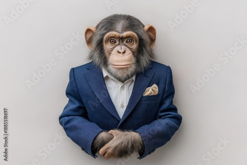 Chimpanzee wearing business suit and tie in studio portrait symbolizing satirical commentary on leadership intelligence power structures and human behavior