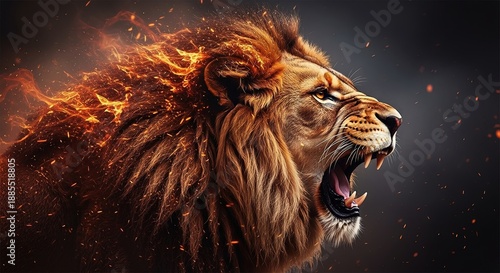 Majestic lion head in flames isolated on white background
