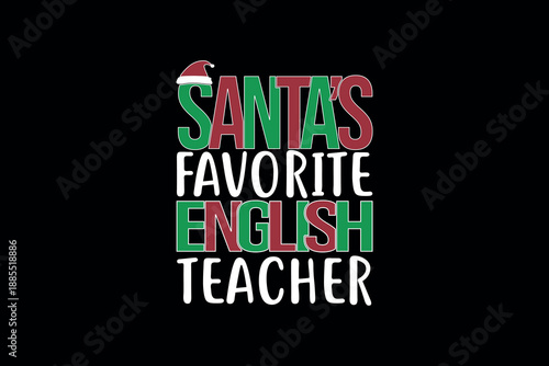 Santa's favorite english teacher Festive santa claus smiling while holding a large red gift box with a joyful elf and snowman nearby surrounded by a snowy winter holiday background with christmas tree