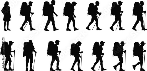 Hiking backpacker silhouettes showing male and female trekkers walking with backpacks and trekking poles representing outdoor adventure travel camping lifestyle isolated illustration