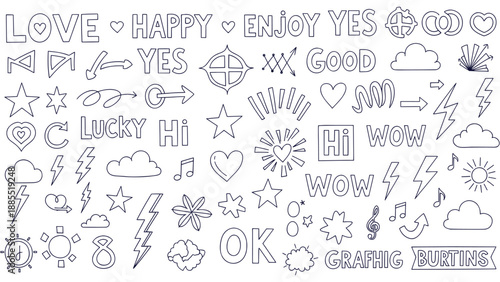 Detailed Vector Doodle Set Hand Drawn Symbols Positive Words Arrows Hearts Stars