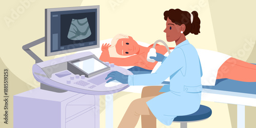 Female patient undergoing breast ultrasound scan by doctor in clinic, showing diagnostic procedure and healthcare technology, isolated on white background vector illustration
