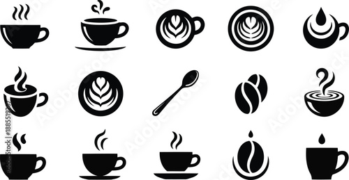 A comprehensive collection of black silhouette icons depicting various hot coffee beverages and related elements