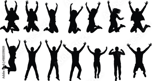 Jumping people silhouette collection showing joyful men and women celebrating success in mid air isolated on white background for happiness, freedom, and motivation concepts