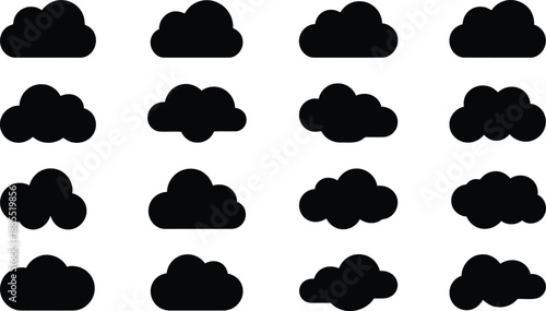 A comprehensive grid of sixteen varying black cloud silhouettes displayed on a pristine white surface