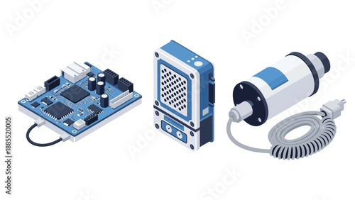 Flat lay of electronic components and devices on a white background