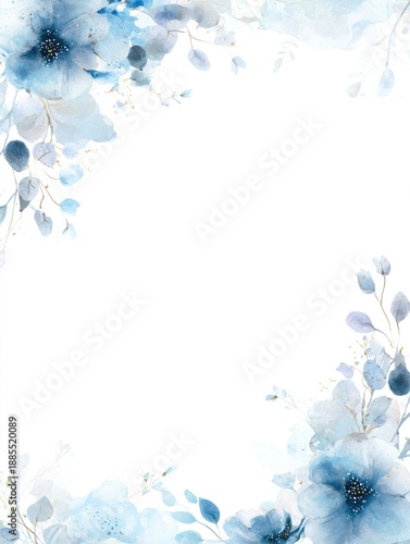Watercolor dusty blue floral frame on white background with hand painted flowers for wedding invitation, greeting card.