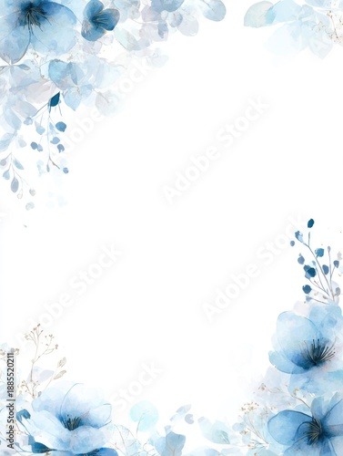 Watercolor dusty blue floral frame on white background with hand painted flowers for wedding invitation, greeting card.