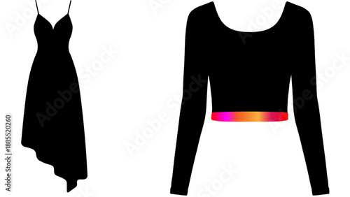 black vector silhouette of a women's blouse and dress