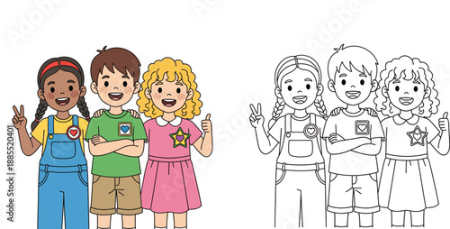 Group of diverse happy children standing together making hand gestures, vector illustration with coloring page outline and colored version.