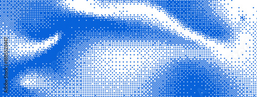 Retro bitmap halftone wave background with pixel dots. Abstract grainy blue texture. Retro pixel art, glitch dither pattern. Retro glitch print overlay 
texture. Vector illustration 