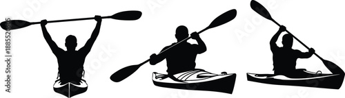Kayaking athlete silhouettes paddling canoe and kayak in different action poses isolated on white background for outdoor water sport illustration concept