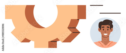 Business processes, workflow optimization, teamwork, human connection, technology, efficiency. A gear mechanism near a smiling person in a circular frame. Teamwork and workflow optimization concept