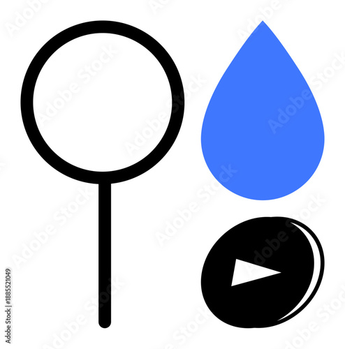 Search optimization, digital tools, navigation, media content, research, water resources. Minimalist magnifying glass, droplet and play button symbols. Search optimization and digital tools concepts