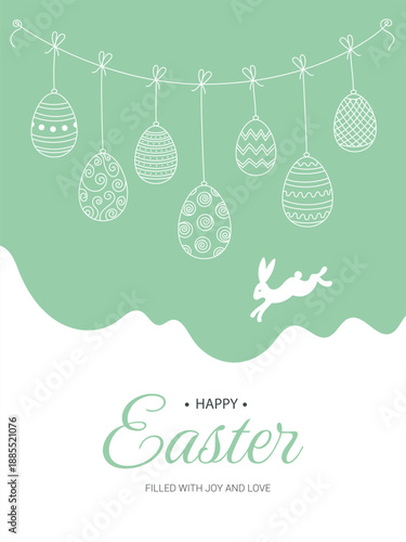 Happy Easter banner with a garland of Easter eggs, a rabbit, and a congratulatory inscription. Greeting card template, background. Vector illustration.