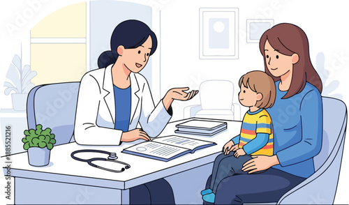 Doctor consulting with mother and child in a clinical setting, viewed from the side