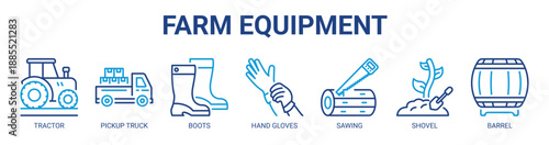 Farm Equipment web banner icon vector illustration concept with icon of tractor, pickup truck, boots, hand gloves, sawing, shovel, and barrel.