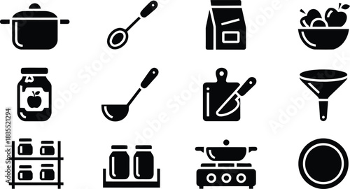 A comprehensive set of dark silhouette icons illustrating various kitchen utensils and food preparation items